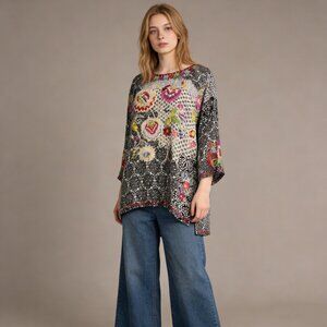 NWOT Johnny Was Biya Embroidered Floral Silk Multicolor Boho Shirt Blouse Sz M